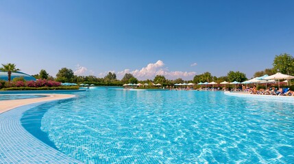 Fototapeta premium Wide angle view of a sunny outdoor waterpark featuring a large swimming pool with mosaic tile patterns and lounge chairs under umbrellas in a lush green landscape