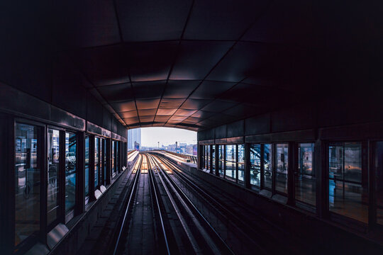 Dubai Metro railway tracks at elevated rapid transit station