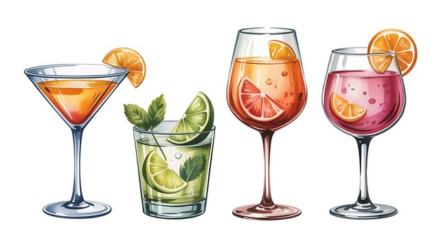 Set of colorful fresh fruit cocktails in various glasses