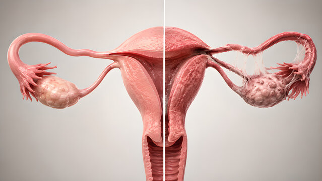 Female infertility reproductive system comparison medical illustration showing normal versus abnormal uterus, ovaries and fallopian tubes for healthcare education, gynecology and patient awareness