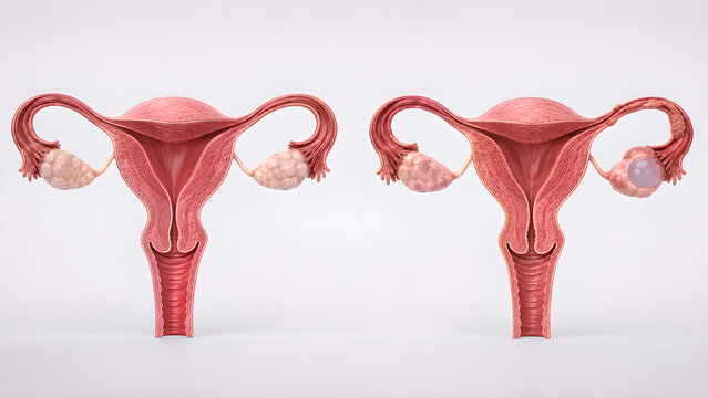 Female infertility reproductive system comparison medical illustration showing normal versus abnormal uterus, ovaries and fallopian tubes for healthcare education, gynecology and patient awareness