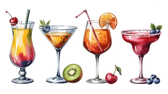 Set of colorful fruit cocktails and tropical drinks