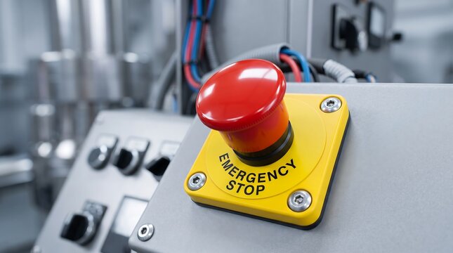 An angled view of a red emergency stop button on a yellow plate, with subtle background machinery.