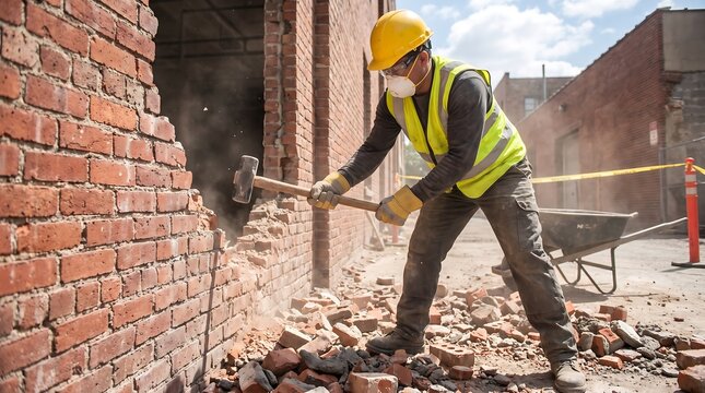 Construction worker demolishing brick wall with sledgehammer, laborer in safety gear at demolition site, industrial renovation process