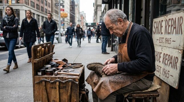 Elderly professional cobbler repairing a leather shoe on a busy city sidewalk with traditional tools