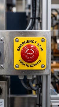 A central view of an industrial emergency stop button labeled 'PUSH TO ACTIVATE' and 'PUSH TO RELEASE'.