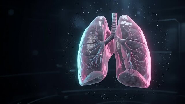 3D Render of Realistic Human Lungs Anatomy with Glowing Blood Vessels on Dark Background