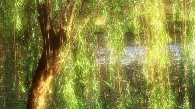 Sunlight Filtering on the Willow Tree Leaves