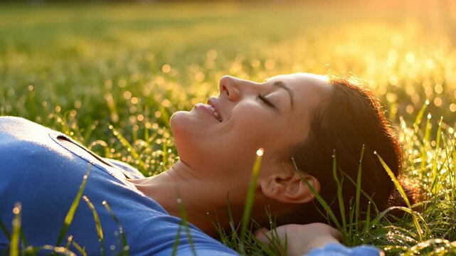 Woman relaxes on grass with morning dew at sunrise. Female resting in nature with sunlight. Peaceful woman on grass field. Morning relaxation outdoor. Woman enjoys sunrise on dewy grass meadow.