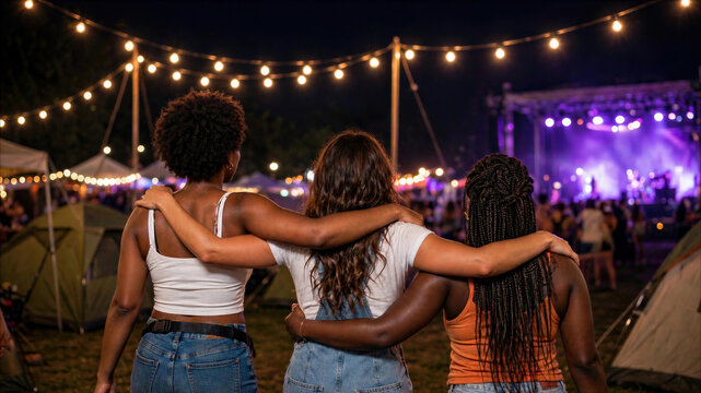 Women embracing while watching a nighttime concert