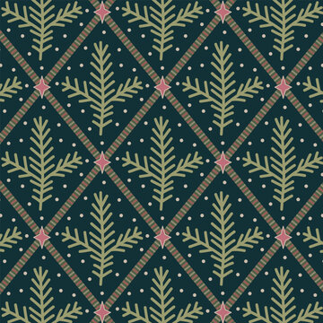 Seamless Christmas argyle pattern with stylized fir trees, striped ribbons, stars and snow dots on dark green background. Festive vector design for wrapping paper, textile and holiday decor.
