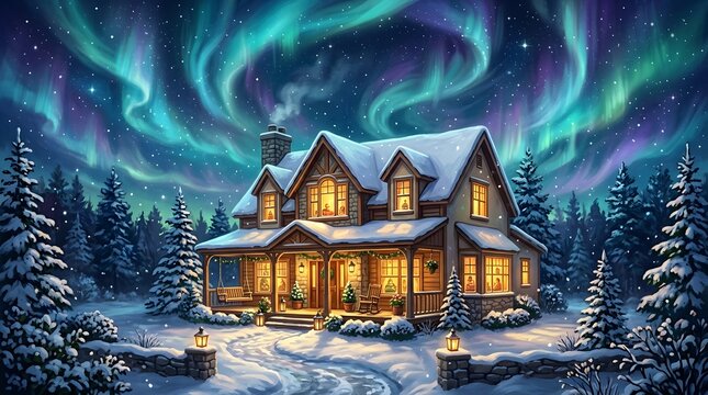 Cozy log cabin illuminated under a vibrant aurora borealis sky perfect for a magical winter halloween night