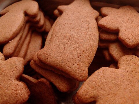 Close up of some just baked gingerbread cookies in different shapes.