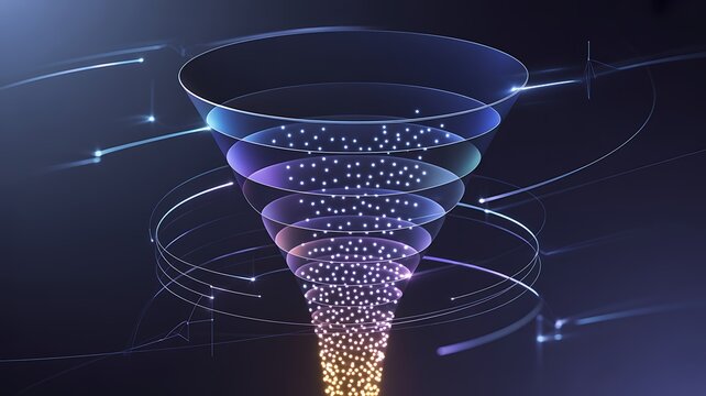 Abstract digital sales funnel with particles representing business optimization and customer journey 