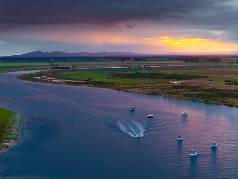 Sunset over Werribee South coast and anchored boats