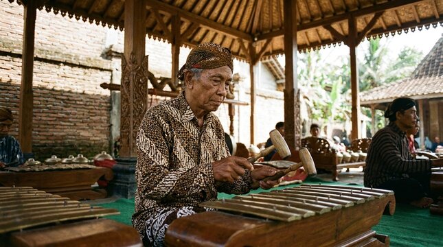 Senior Javanese Man Wearing Batik Playing Traditional Gamelan Metallophone in a Javanese Pavilion