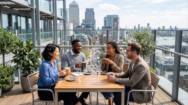 Colleagues sharing lunch on a city rooftop terrace