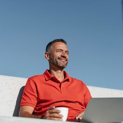 Fototapeta premium Outdoor morning scene of man in red polo with coffee and laptop against blue sky for remote work banner and sunny lifestyle