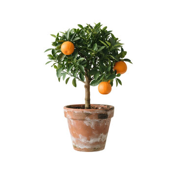 Small potted orange tree with fresh round fruits in a rustic terracotta planter PNG. The miniature citrus plant stands gracefully with vibrant green leaves.