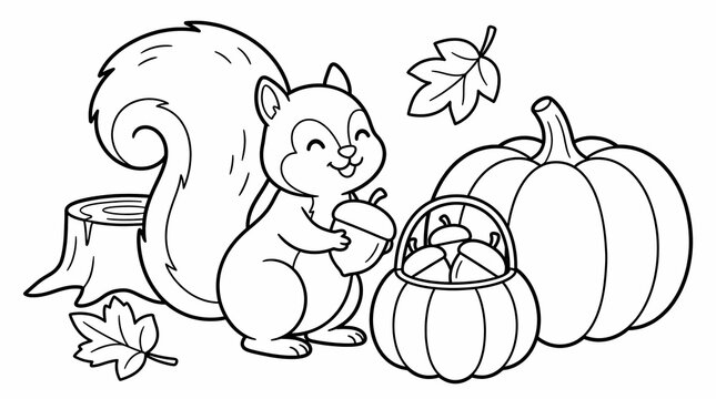 Cute cartoon squirrel holding an acorn next to a pumpkin and autumn leaves in a black and white coloring page for kids.
