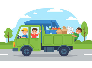 Naklejka premium Happy Children Driving a Green Recycling Truck Carrying Waste Materials