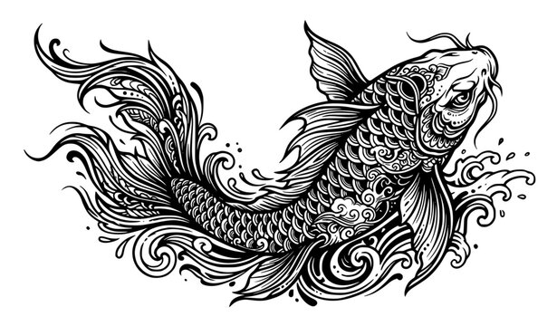 Dynamic Japanese Koi Fish Tattoo Black and White Ornamental Vector Illustration