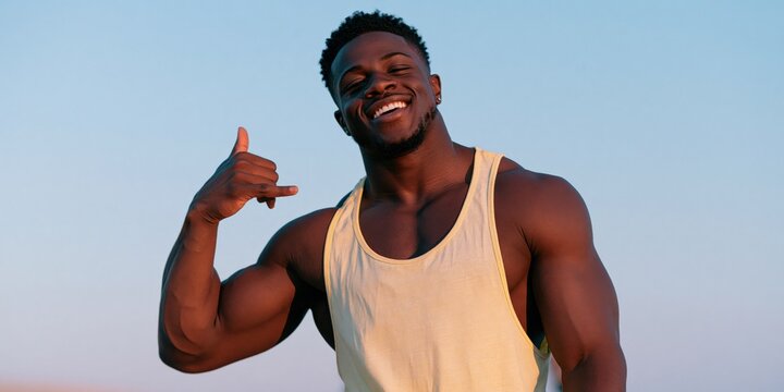Smiling muscular man making shaka hand gesture by clear blue sky for summer fitness banner and lifestyle background