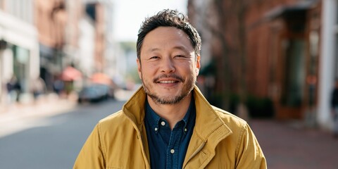 Fototapeta premium Smiling man in yellow jacket street headshot for business profile, website banner and personal branding