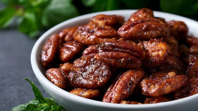 A white bowl filled with glossy roasted pecans  surrounded by fresh green mint leaves on a dark surface