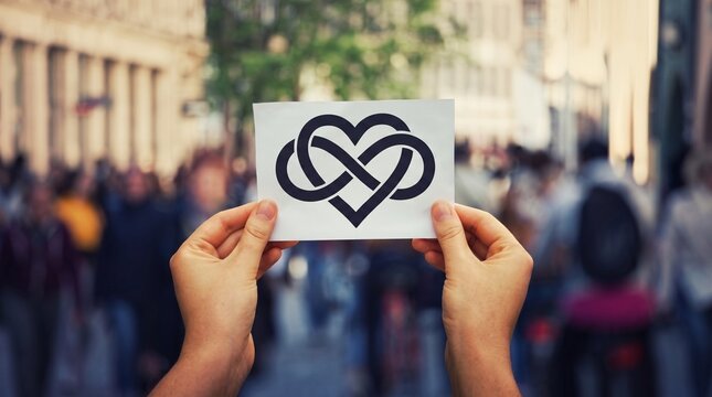 Hands holding a white card with an infinity heart symbol in a crowded city street with a soft blurred urban background setting