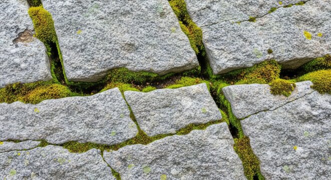 This high-resolution macro shot showcases a weathered grey stone surface with natural cracks, mossy patches, and a rugged mineral texture, detailed, grey, erosion
