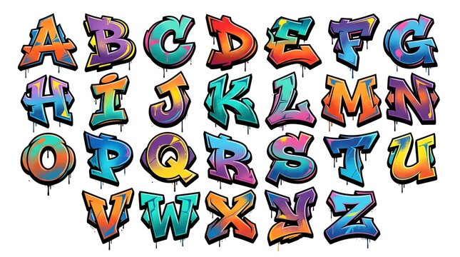 Colorful alphabet typography set featuring hand drawn graffiti letter styles isolated against plain white background for professional creative graphic design projects