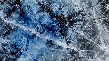 Obraz premium Abstract close up view of frozen water with trapped air bubbles and cracks