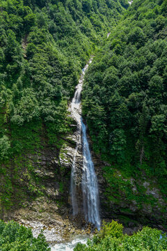Waterfall in lush forest valley near Ayder, Rize, Turkiye