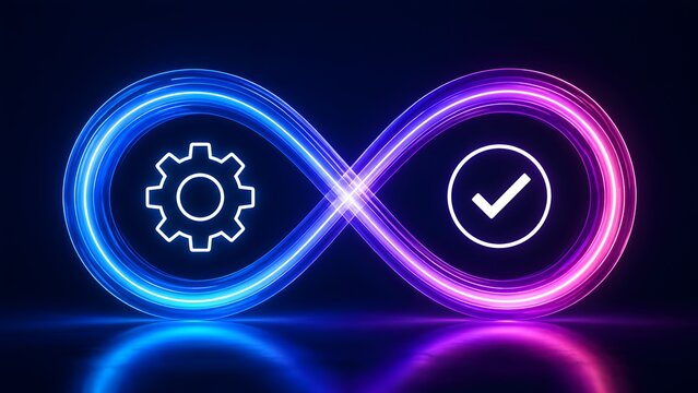 Glowing neon infinity symbol with gear and checkmark icons representing DevOps continuous integration automated process system optimization and endless quality assurance
