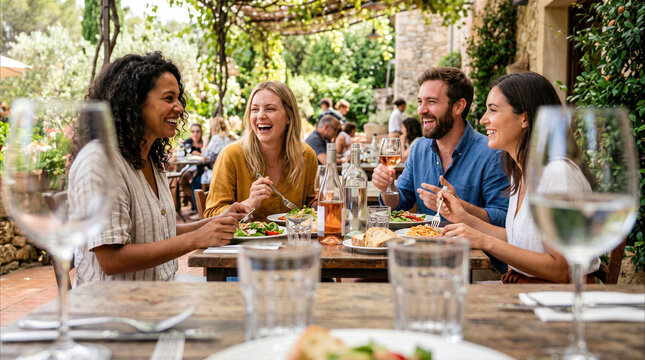 Friends enjoying lunch together in a sunny garden