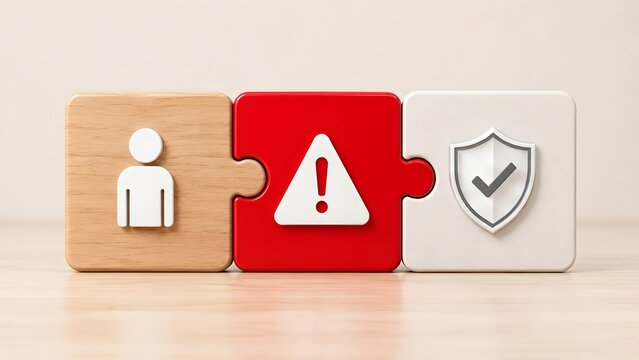 Connected puzzle pieces with user warning and security shield icons representing employee risk management workplace safety and personal data protection
