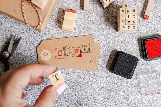 Hand stamping gift tag for handmade package wrapping