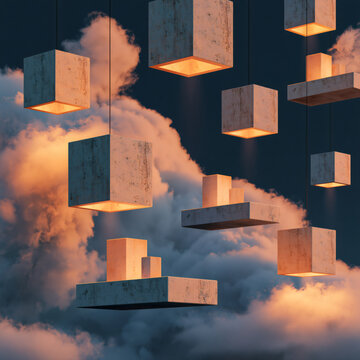 Ai generated abstract composition of floating concrete cubes with warm glowing light, concrete