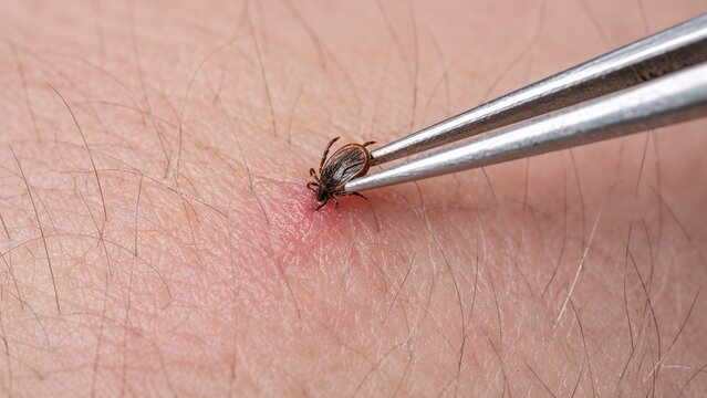 Tick being removed from human skin with tweezers  
