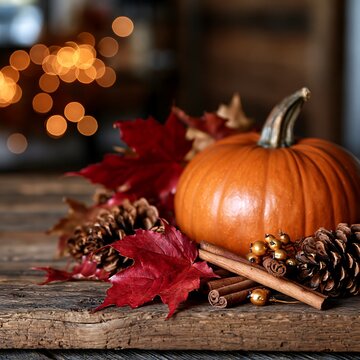Autumn harvest scene with a ripe orange pumpkin and red maple leaves