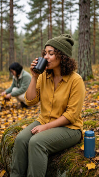Woman relaxing during a picnic in an autumn forest