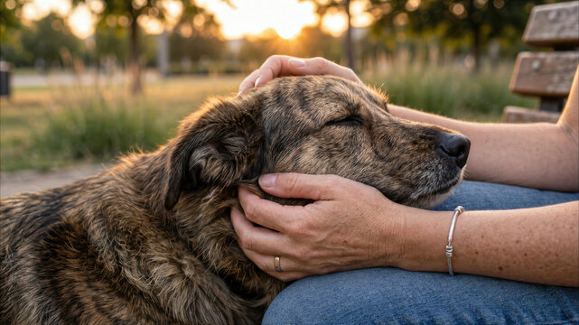 Hands gently petting a brindle dog outdoors