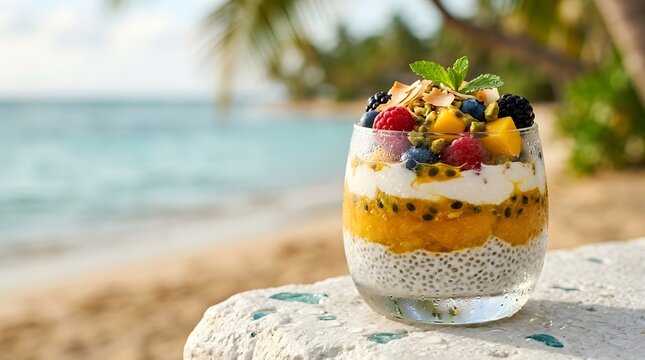 Chia seed pudding with tropical fruits in a glass on a sunny beach background
