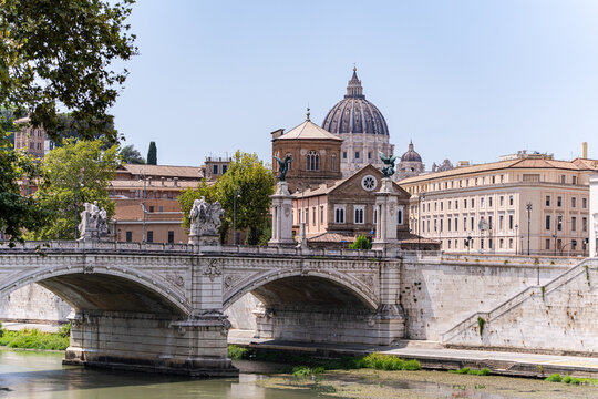St. Peter's Basilica and bridge over Tiber River in Vatican