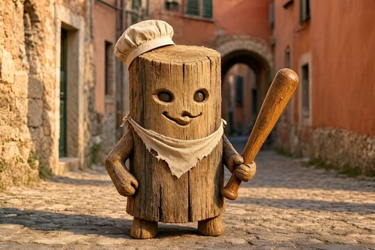 Viral Social Media Trend Fictional Log-Like Grinning Anthropomorphic Figure Indonesian Tung Tung Tung Sahur Italian Brainrot Meme Character Wearing Kerchief Holding Small Wooden Bat Ramadan Drumstick