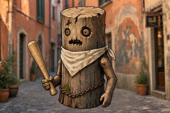 Viral Social Media Trend Fictional Log-Like Grinning Anthropomorphic Figure Indonesian Tung Tung Tung Sahur Italian Brainrot Meme Character Wearing Kerchief Holding Small Wooden Bat Ramadan Drumstick