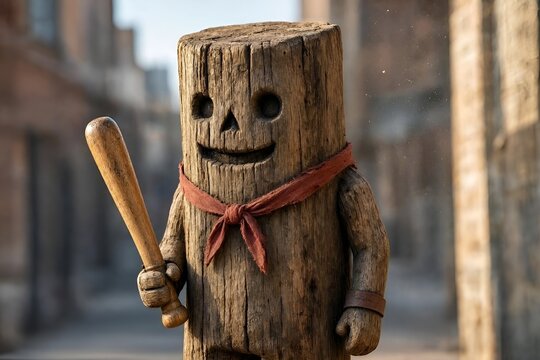 Viral Social Media Trend Fictional Log-Like Grinning Anthropomorphic Figure Indonesian Tung Tung Tung Sahur Italian Brainrot Meme Character Wearing Kerchief Holding Small Wooden Bat Ramadan Drumstick