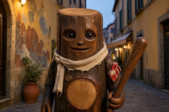 Viral Social Media Trend Fictional Log-Like Grinning Anthropomorphic Figure Indonesian Tung Tung Tung Sahur Italian Brainrot Meme Character Wearing Kerchief Holding Small Wooden Bat Ramadan Drumstick