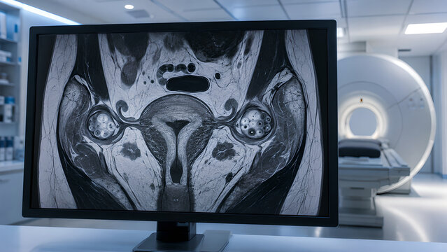 Female infertility radiology concept with uterus and ovaries on pelvic MRI, subtle early-stage reproductive disease focus for healthcare, radiology, medical education, and patient education use